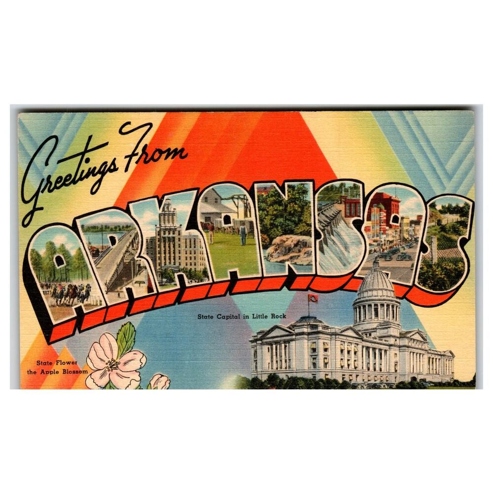 Greetings From ARKANSAS Linen Postcard Tichnor Bros State Capital Little Rock